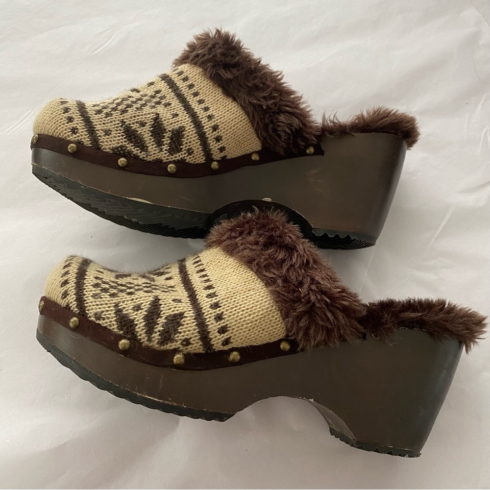 Arizona Jeansโ Co Y2K Vintage Knit Fair Isle Snowflake Faux Fur Wooden Clogs 8.5 - Picture 10 of 13